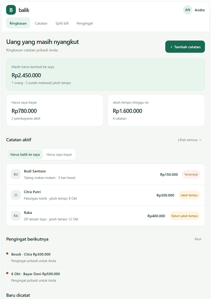 Tampilan ringkasan Nyangkut: total uang yang masih nyangkut dan daftar catatan aktif